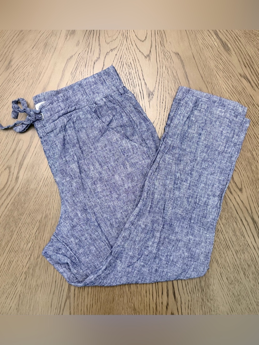 Van Heusen Heathered Blue Linen Pants With Tie At Waist